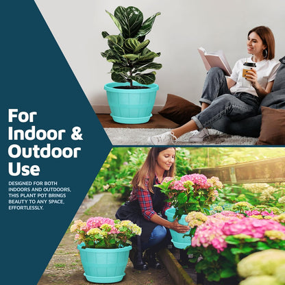 10-Inch Whiskey Barrel Planters Outdoor Pack of 2 - Durable Plastic Plant Pots for Indoor & Outdoor Use with Drainage & Saucer, Lightweight Rustic Barrel Planters for Flowers, Herbs & Small Plants