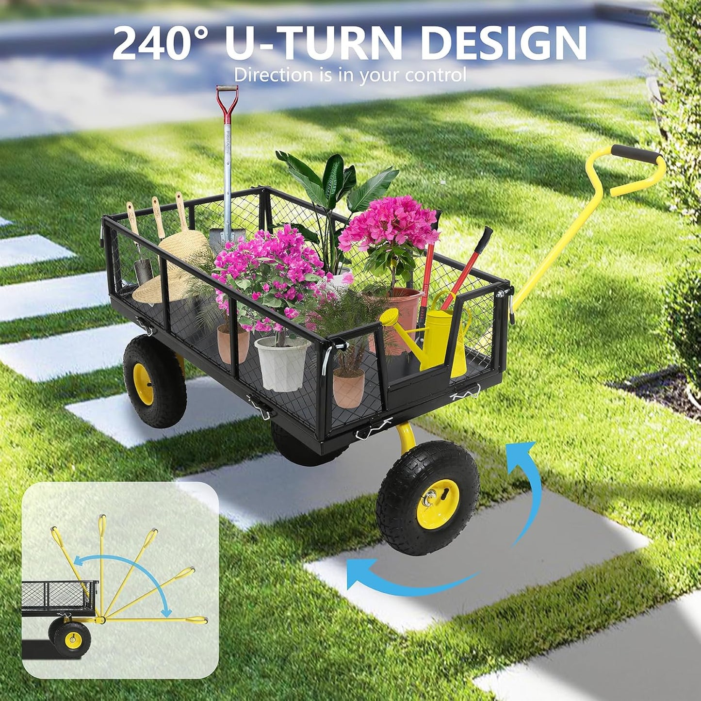 Steel Garden Cart, 2-in-1 Heavy Duty Utility Wagon 900 LBS Capacity Carts with Removable Mesh Sides to Convert into Flatbed, 240° U-Turn 10" Pneumatic Tires Garden Wagon for Lawn Camping Farm Yard