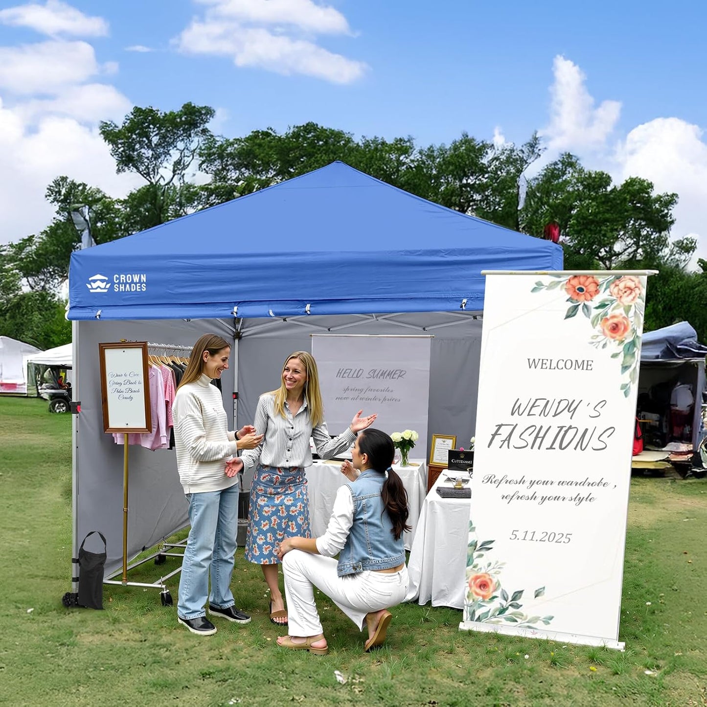 CROWN SHADES Pop Up Canopy Tent, 8x8 Commercial Canopy Tent with 4 Sidewalls, 4" Wheels, 4 Upgraded Weights, Patented Centerlock, 400D Fabric, Sto'N Go Bag, Blue