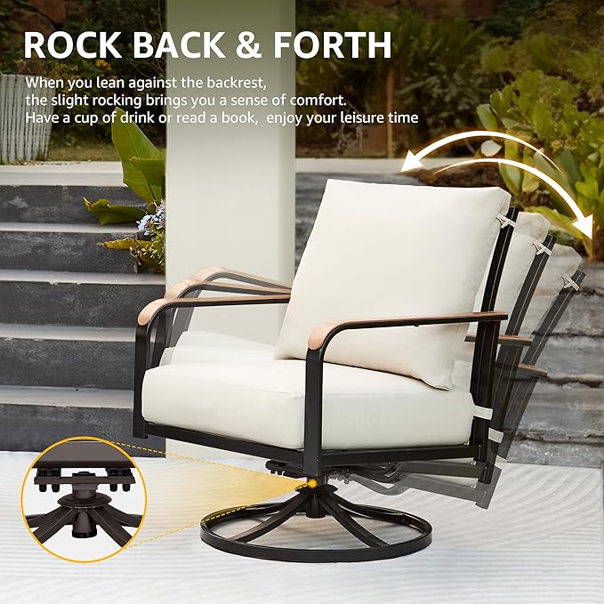 NATURAL EXPRESSIONS Outdoor Bistro Set, 3 Piece Swivel Glider Rocking Chairs Patio Conversation Furniture Set with 2 Rockers, 1 Metal Table and 6" Thick Cushions for Backyard, Porch, Balcony, 350lbs.