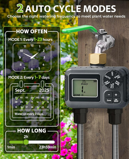 HIRALIY Sprinkler Timer, Water Timer for Garden Hose 2 Zone, Programmable for Watering, Automatic Irrigation System for Yard Lawn, Brass Connector, IP5 Waterproof