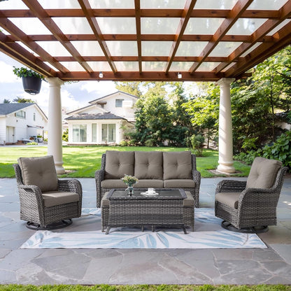 Wicker Outdoor Furniture Patio Furniture Set - 6 Piece Patio Conversation Set with Swivel Rocker Chairs, Rattan Sofa, Ottomans and Coffee Table, Gray Cushion