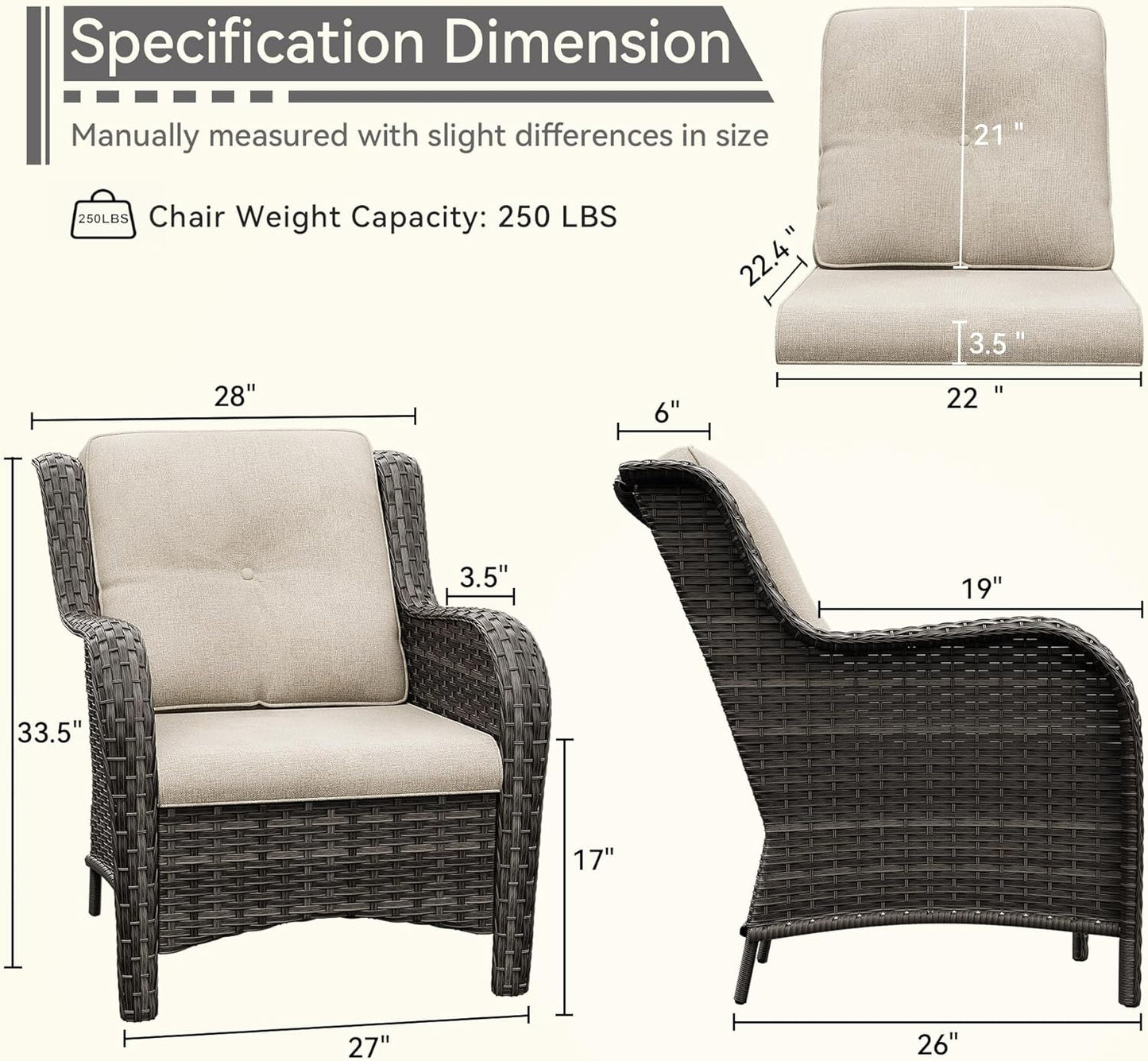 Patio Wicker Chairs Set of 2, Patio Rattan Dining Chairs with 3.5-inch Seat Cushions, High Back and Curved Armrest for Garden, Backyard, Balcony and Deck, Beige