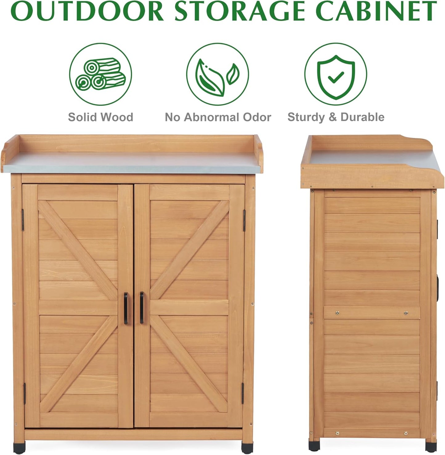 Outdoor Storage Cabinet & Potting Bench Table with Metal Top, Wooden Patio Furniture, Garden Workstation (Light Brwon, 39x31.5x17in)