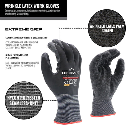 linconson 12 Pack Safety Performance Series Construction Mechanics Wrinkle Latex Work Gloves