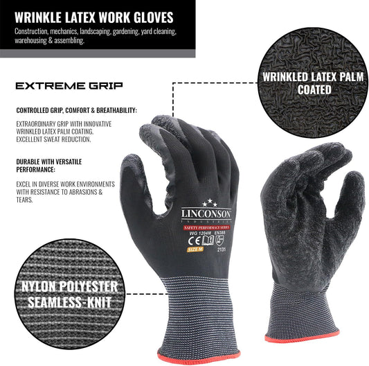 linconson 12 Pack Safety Performance Series Construction Mechanics Wrinkle Latex Work Gloves