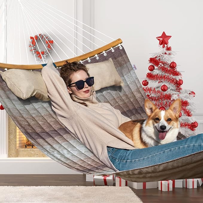 Double Hammock, 11 FT Quilted Fabric 2 Person Hammock for Outside with Pillow, Folding Curved Spreader Bar, Chains, Carrying Bag, Indoor Outdoor, 450 IB Capacity, Aqua Green