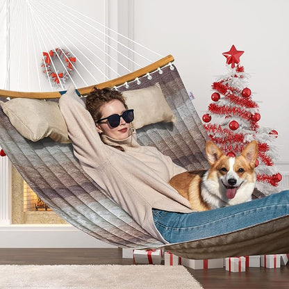 Double Hammock, 11 FT Quilted Fabric 2 Person Hammock for Outside with Pillow, Folding Curved Spreader Bar, Chains, Carrying Bag, Indoor Outdoor, 450 IB Capacity, Aqua Green