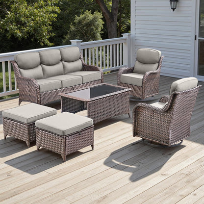 Wicker Outdoor Patio Furniture Set - 6 Piece Patio Conversation Sets with Swivel Rocker Chairs, Ottomans, Sofa and Coffee Table, 6 inch Cushions, Deep Seating, for Porch Deck Brown/Beige