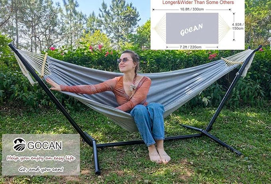 Double Hammock 2 Person Large 220x150cm with Steel Stand and Removable Spreader bar Load 500lb, Canvas Cotton Hammocks for Patio Porch Garden Backyard Outdoor and Indoor