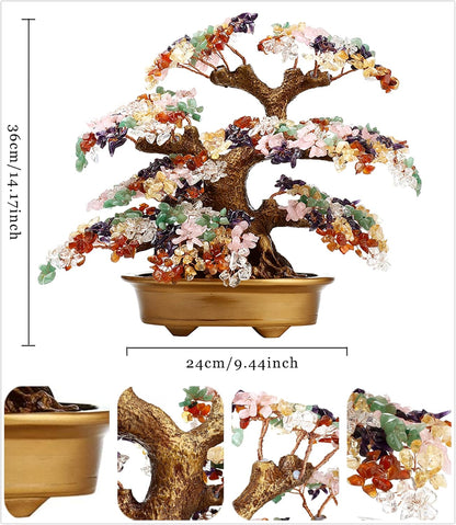 Feng Shui Money Tree Large Pine Tree Style Crystal Quartz Lucky Tree Gem Tree for Office Home Feng Shui Decoration for Wealth/Fortune and Luck (Pink)