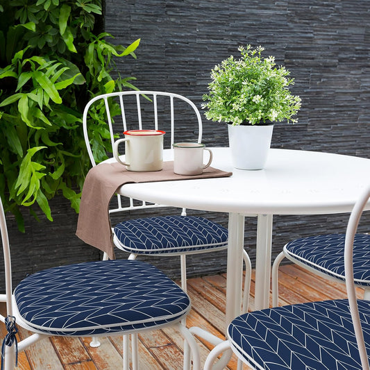 Indoor/Outdoor Chair Cushions 16x17 Inch, Patio Chair Cushions with Ties, All Weather Seat Cushions for Patio Furniture Home Garden Chair Use, Set of 4, Herringbone Navy