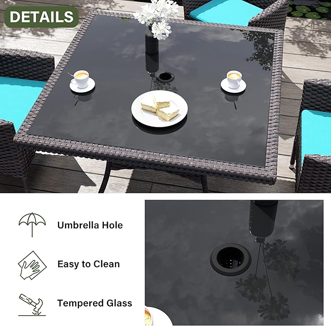 Kurapika 10-Piece Patio Furniture Outdoor Dining Set, Rattan Wicker Patio Dining Table and Chairs Set, Square Tempered Glass Tabletop with Umbrella Hole and 8 Chair Set, Blue