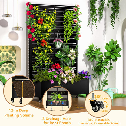 Metal Planter Box with Trellis Outdoor, 72.1"x47.2"x16" Galvanized Raised Garden Bed with Privacy Screen & Drainage Holes & Lockable Casters for Climbing Plants, Vegetable (Louvered-Black)