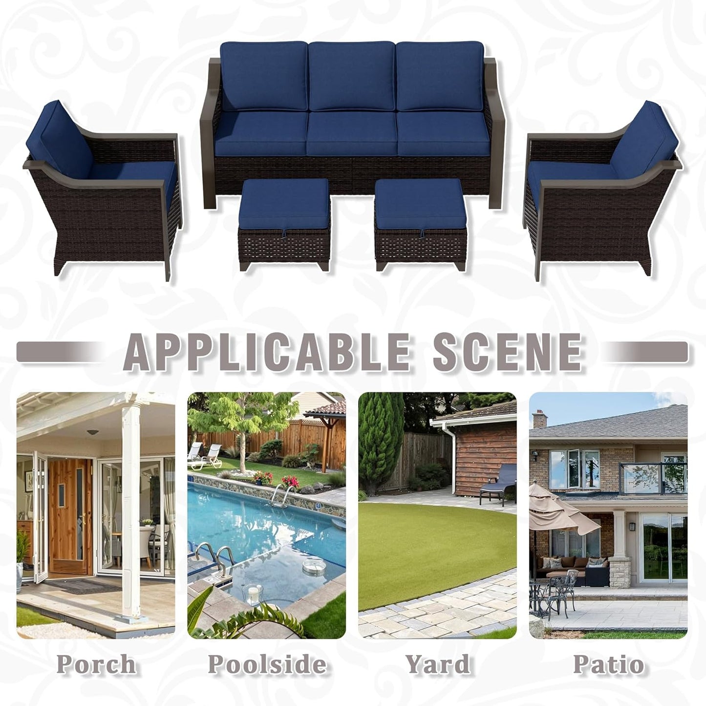 5 Piece Wicker Patio Conversation Set, All-Weather Use Outdoor 2 PE Rattan Chair, 2 Ottoman, 1 Patio Sofa, Removable Water-Resistant Cushion, Ideal for Porch, Backyard, Balcony, Poolside, Blue