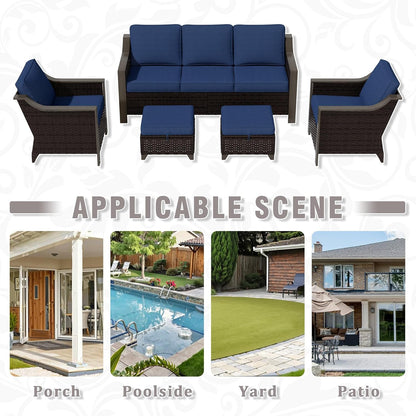 5 Piece Wicker Patio Conversation Set, All-Weather Use Outdoor 2 PE Rattan Chair, 2 Ottoman, 1 Patio Sofa, Removable Water-Resistant Cushion, Ideal for Porch, Backyard, Balcony, Poolside, Blue