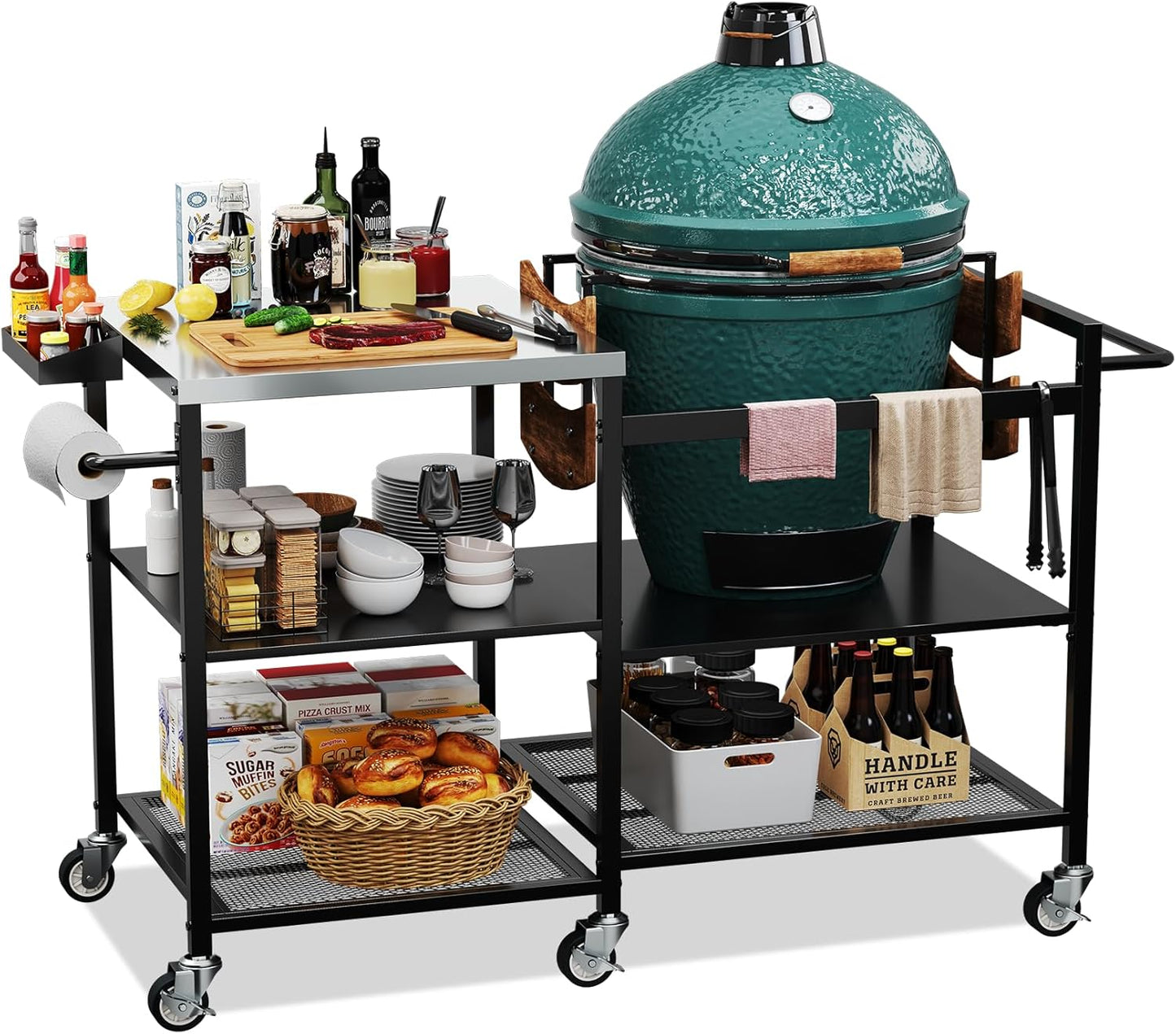 TC-HOMENY Grill Table for Big Green Egg Stand, Metal Cooking Table Stand with Wheels, Heavy Duty Outdoor Movable Style BBQ Grill Cart, Grill Holder Compatible with Large Big Green Egg and Other Models