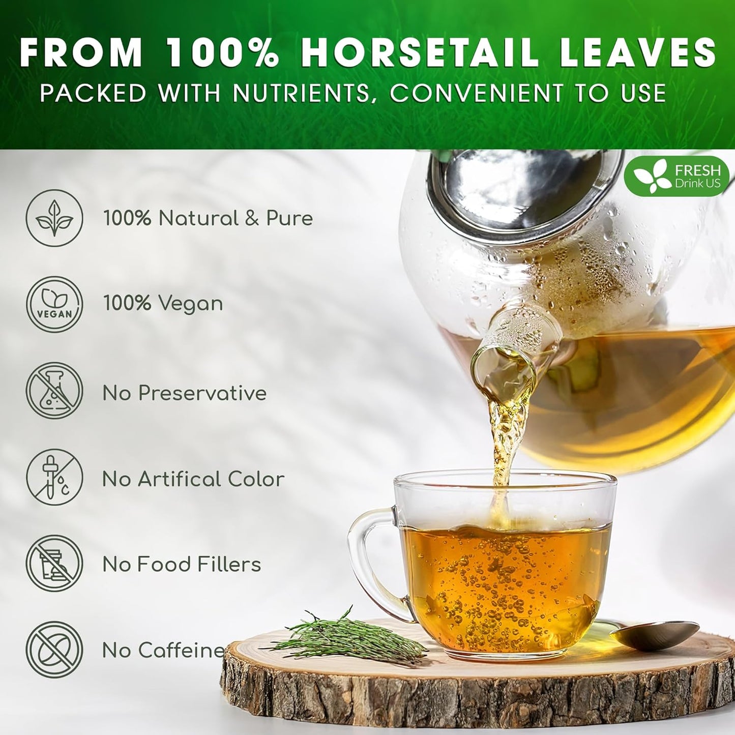 FreshDrinkUS, Premium 15 Horsetail Leaf Tea Bags, 100% Natural & Pure from Horsetail Loose Leaves Herbal Tea. Made with Natural Material Tea Bags. No Sugar, No Caffeine, No Gluten, Vegan.