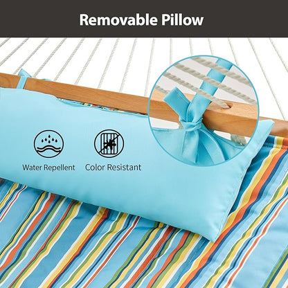 Outdoor Double Hammock with Hardwood Spreader Bars, Large Rope Hammock with Polyester Pad and Pillow, 475 LBS Capacity for 2 Person Patio Backyard Poolside - Bule Stripe