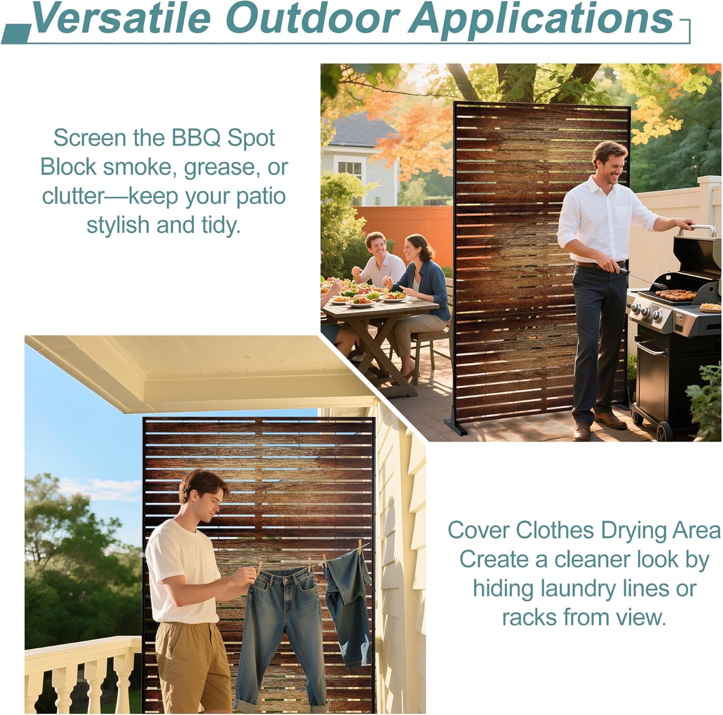 Metal Privacy Screen Outdoor Freestanding Privacy Wall Panels and Decorative Patio Dividers,Crafted from Steel with Sun-Proof Design,Ideal for Patio,Garden,72" H×47" L（Wooden&Vintage-3 Panels