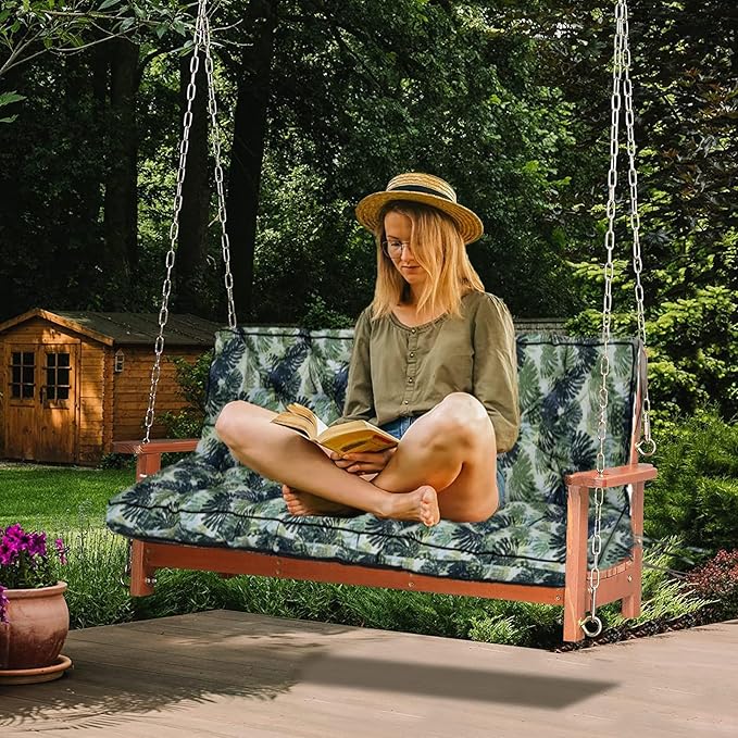 Swing Replacement Cushions with Backrest, 2 or 3 Seater Waterproof Non-Slip Overstuffed Swing Pad, Indoor/Outdoor Bench Cushion for Porch Chair Swings Garden Furniture (Leaves, 40 * 55 in)