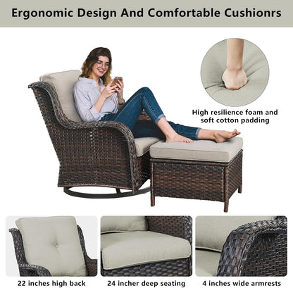 Wicker Outdoor Furniture Patio Furniture Set - 6 Piece Patio Conversation Set with Swivel Rocker Chairs, Rattan Sofa, Ottomans and Coffee Table, Beige Cushion