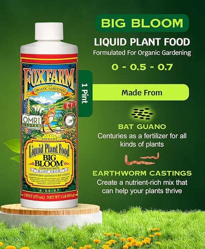 FoxFarm - Big Bloom Plant Food, Liquid Fertilizer Concentrate for Flowers, Fruits, and Vegetables, All Purpose Plant Fertilizer for Indoor & Outdoor Potted Plants, NPK 0-0.5-0.7 (Pint)