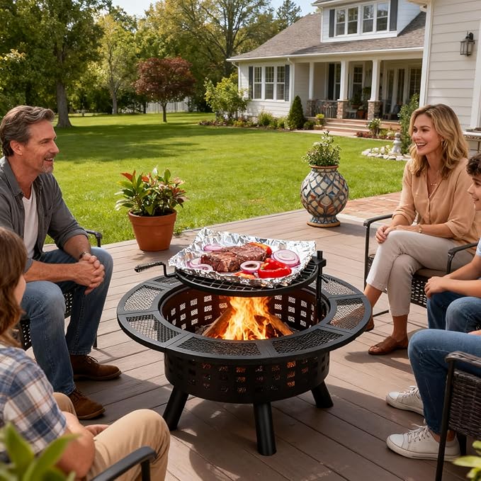 36 inch Outdoor Fire Pit with Grill,Wood Burning Fire Pits for Outside with Lid & Fire Poker,Metal 3-in-1 Firepit Table with Cooking Grate,Outdoor Firepit for Yard,Bonfire,Patio(Charcoal)