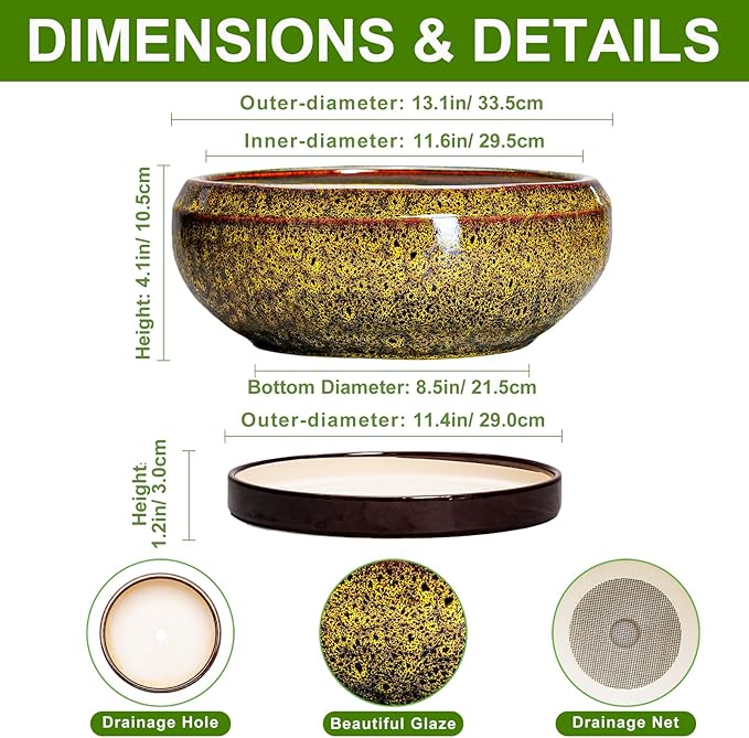 Succulent Pots Large - 13 Inch Ceramic Bonsai Pot with Drainage Hole and Tray, Round Succulent Planters, Shallow Plant Pots Indoor, Bowl Planter Outdoor, Garden Decor, Gardening Gift, Yellow