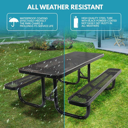6 ft. Rectangular Outdoor Steel Picnic Table with Umbrella Pole, Heavy-Duty Weather-Resistant Dining Table for Patio, Backyard, and Garden, Rust-Resistant Finish, Black