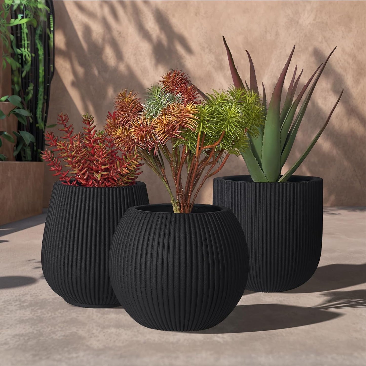 16 Inch Handmade Concrete Outdoor Planter - Classic Striped Design | Fiberglass & Composite Material | Durable for Commercial & Home Decor