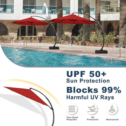 12FT Cantilever Umbrella with Base Large Curvy Outdoor Aluminum Offset Umbrella w/ 360° Rotation, UV Resistant Canopy for Patio, Garden, Backyard, Red