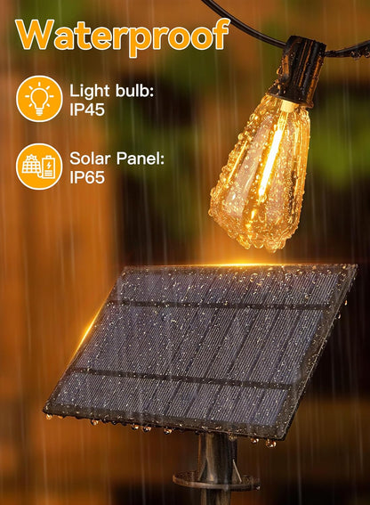 Ollny 50+2 LEDs ST38 Solar String Lights, 100 FT USB & Solar Dual Charging Outdoor String Lights, 3 Modes 5 Timers 10 Brightness 2200K Waterproof Patio Lights for Porch Garden Market Bistro Camping