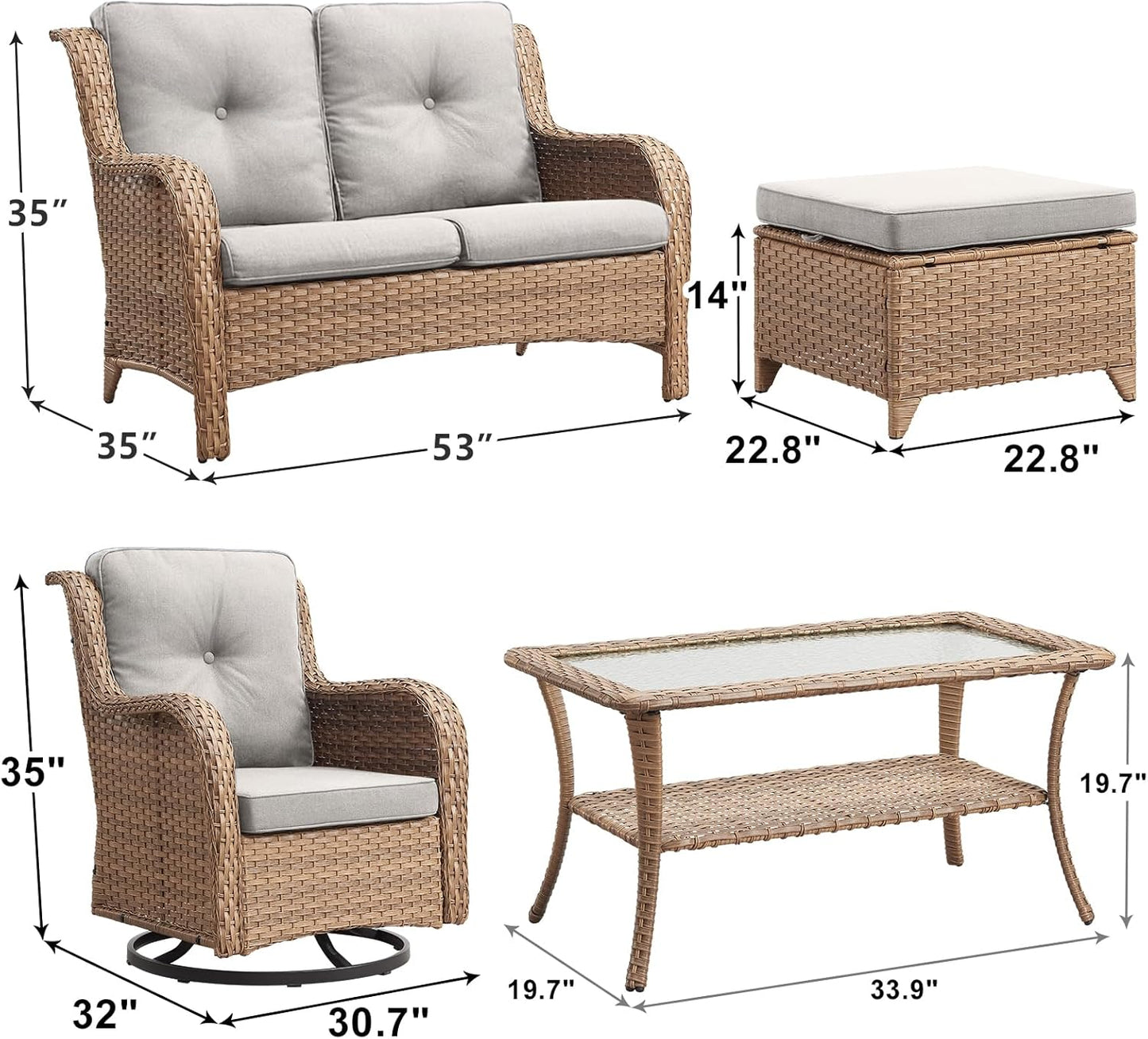 Outdoor Wicker Patio Furniture Set - 6 Piece Rattan Patio Conversation Set with 2 Rocking Swivel Chairs,2 Ottomans,1 Loveseat and 1 Coffee Table for Porch Deck Backyard Garden(Yellow/Beige)