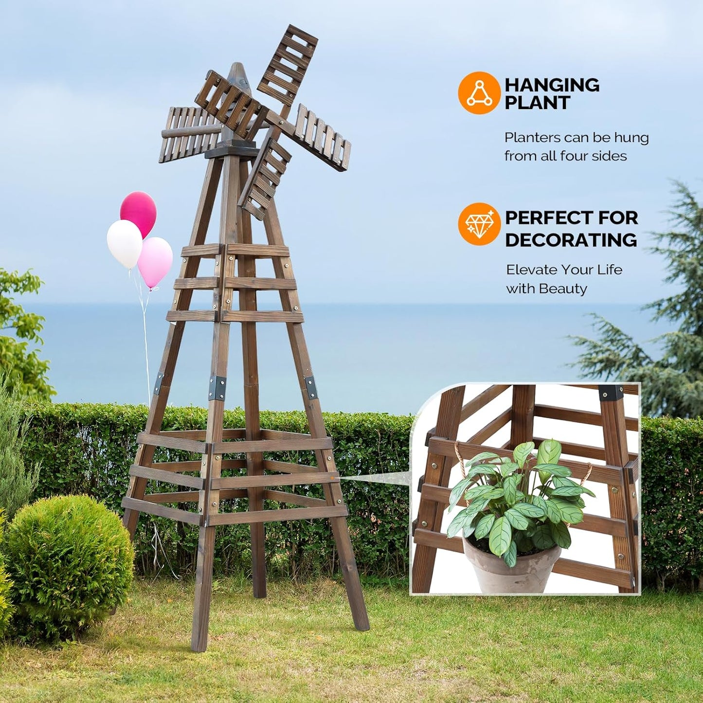 VINGLI Outdoor Yard Windmill, Wooden Wind Spinner for Garden Yard Lawn Patio Decoration (Carbonized Wood, Medium)