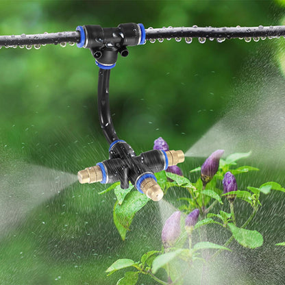 Mornajina 3Packs 3 Way Brass Misting Nozzles Tee with 9inch Built in Hose for Outdoor Cooling System, Adjustable 360° Rotation, Water Mister Nozzles Thread Sprayer 0.043" (1.1 mm)