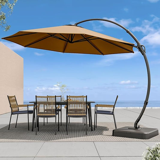 LAUSAINT HOME Outdoor Patio Umbrella with Base included, 12 FT Deluxe Curvy Cantilever Umbrella Offset Hanging umbrella with 360° Rotation for Market, Pool, Garden, Backyard, Deck (Tan, 12 FT)
