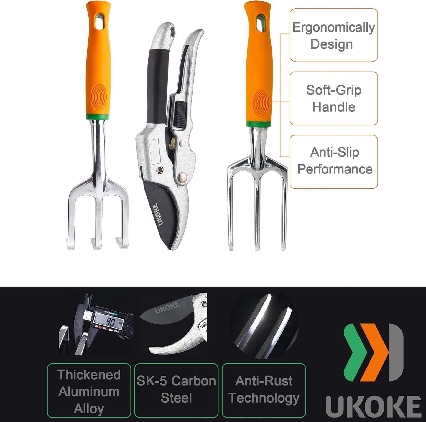Ukoke UGP01G-7 Outdoor Tool, Heavy Duty Work Ergonomic Handle, for Women Men Set, 7 Piece Aluminum Kit, Garden Canvas Apron with Storage Pock, Orange