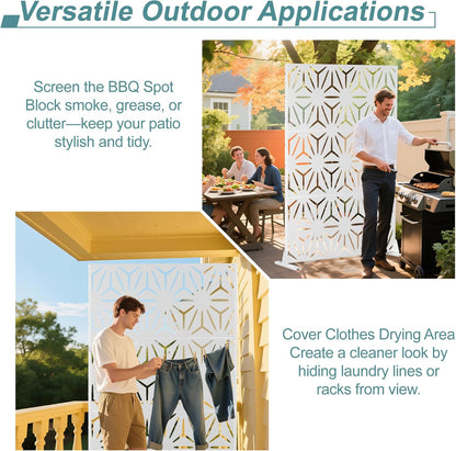 Metal Privacy Screen Outdoor Freestanding Privacy Wall Panels and Decorative Patio Dividers, Crafted from Steel with Sun-Proof Design, Ideal for Patio, Deck, Garden,72" H×47" L,（White&Star）