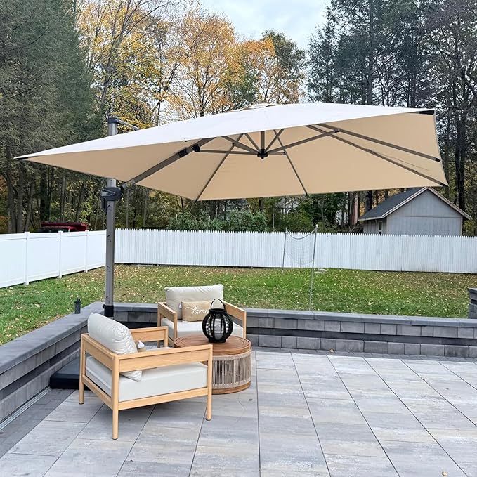 PURPLE LEAF 10' X 10' Patio Umbrella Outdoor Cantilever Umbrella, Aluminum Offset Umbrella with Champagne Frame and 360° Rotation for Pool Deck Garden, Beige