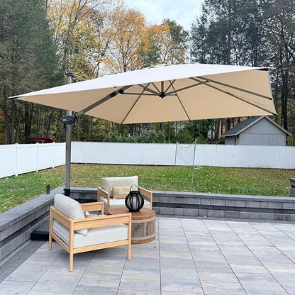 PURPLE LEAF 10' X 10' Patio Umbrella Outdoor Cantilever Umbrella, Aluminum Offset Umbrella with Champagne Frame and 360° Rotation for Pool Deck Garden, Beige