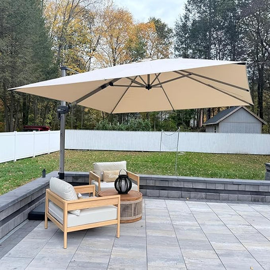 PURPLE LEAF 10' X 10' Patio Umbrella Outdoor Cantilever Umbrella, Aluminum Offset Umbrella with Champagne Frame and 360° Rotation for Pool Deck Garden, Beige