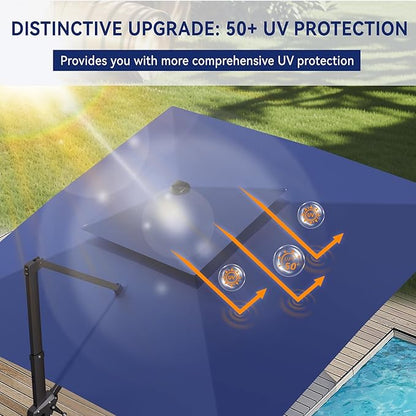 10' X 10' Cantilever Patio Umbrella Outdoor with Base Included Heavy Duty Double Top Windproof Square Offset Umbrellas with 360-degree Rotation for Pool Deck Backyard, Navy