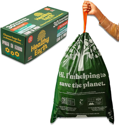 Healthy Earth 13 Gallon Compostable Trash Bags – Tall Kitchen Garbage Bags with Drawstring Handles, Extra Thick Plant-Based Liners, BPI & TÜV Certified ASTM D6400, Heavy Duty Leak-Proof (30 Count)