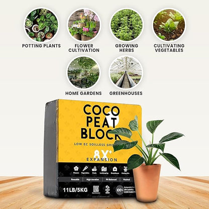 Coco Coir Brick(11lbs) - Premium Organic Coco Peat Brick for Garden Soil & Potting Mixes-Coconut Fiber Substrate Mixes with Potting Soil for Indoor Plants & Outdoor Plants -19 Gallons