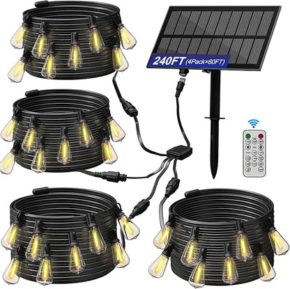 Stright Solar Powered String Light 240FT with Remote Control 8 Light Modes, Weatherproof Shatterproof ST38 LED Bulb, Total 60 Sockets, 1 to 4 Splitter cord String Lights (End to End 60FT, Total 240FT)