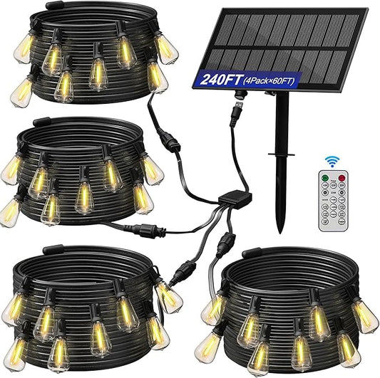 Stright Solar Powered String Light 240FT with Remote Control 8 Light Modes, Weatherproof Shatterproof ST38 LED Bulb, Total 60 Sockets, 1 to 4 Splitter cord String Lights (End to End 60FT, Total 240FT)