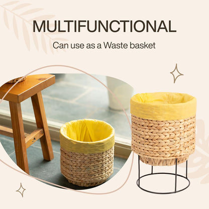 Set of 2 Water Hyacinth Planter Pot with Metal Stand - Indoor Plant, Flower, Succulent, Basket Planter, Decorative Pot Cover (Classic)