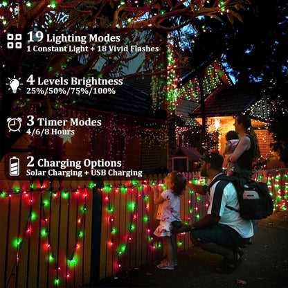 2-Pack 200FT Solar String Lights for Outside, 600 LED Extra-Bright Solar Light Outdoor with 19 Modes & Timer, Waterproof Fairy Solar Lights for Garden Patio Tree Christmas Decorations Red & Green