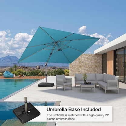 PURPLE LEAF Patio Umbrella with Base Included, 10‘×13’ Outdoor Aluminum Cantilever Umbrella with 360° Rotation, Aluminum Large Offset Umbrella for Outdoor Garden Pool, Turquoise Blue
